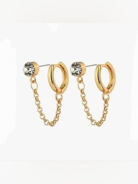 14k Gold Plated Double Piercing Dangle Stone Chain Huggie Hoop Earrings- BNIB